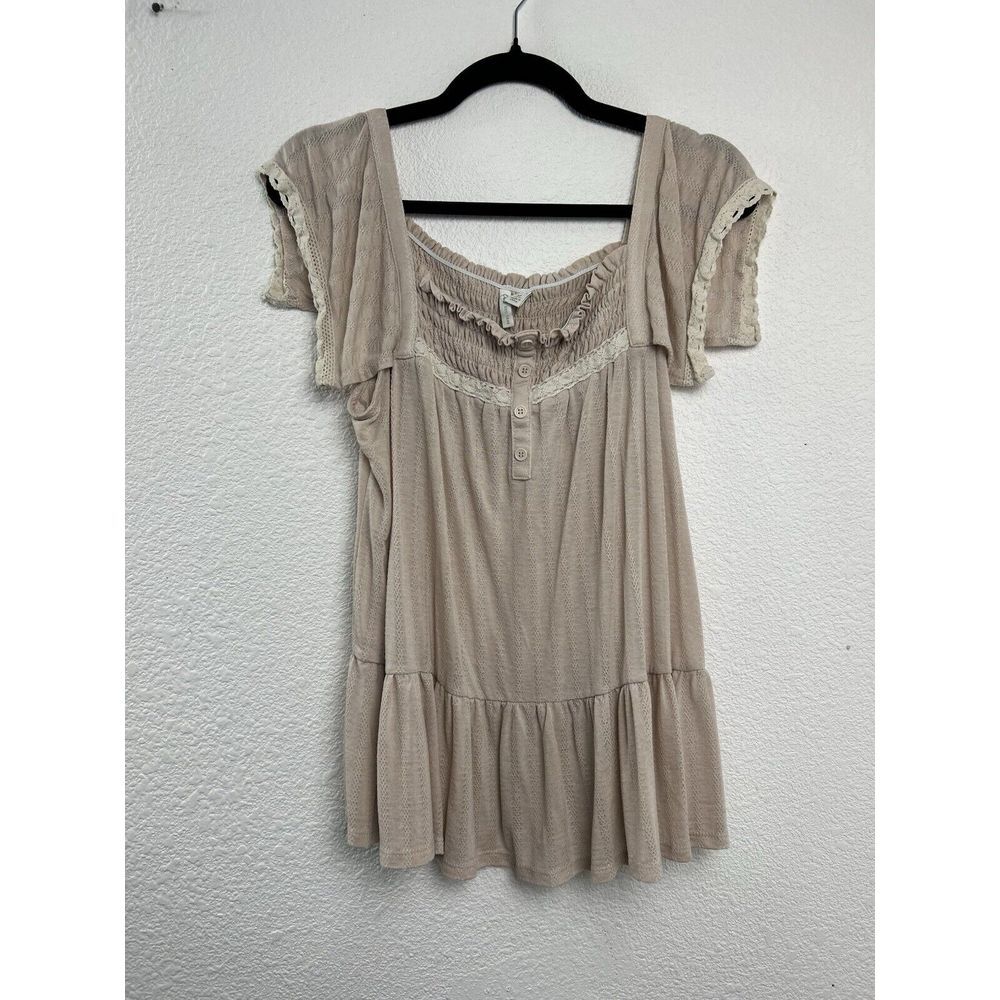Cato Est.‎ 1946 Cap Sleeve Rouched Ruffle Baby Doll Beige Size M